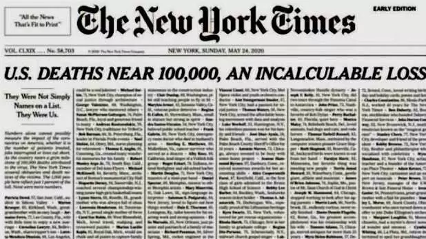 Coronavirus: US में मौतों की संख्या 1 लाख के पास, न्यूयॉर्क टाइम्स का फ्रंट पेज मृतकों के नाम