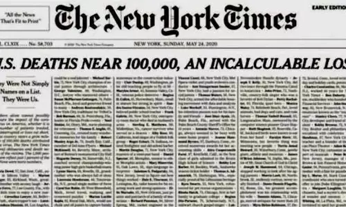 Coronavirus: US में मौतों की संख्या 1 लाख के पास, न्यूयॉर्क टाइम्स का फ्रंट पेज मृतकों के नाम Coronavirus: US में मौतों की संख्या 1 लाख के पास, न्यूयॉर्क टाइम्स का फ्रंट पेज मृतकों के नाम