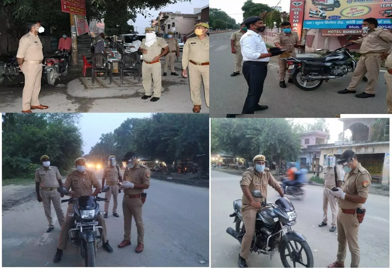 रामपुर में बिना मास्क एवं यातायात के नियमों का पालन न करने वाले पुलिस कर्मियों से वसूला जुर्माना
