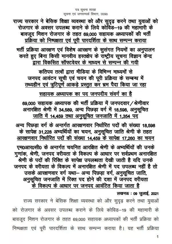 यूपी सरकार का 69000 सहायक अध्यापक भर्ती पर बयान...
