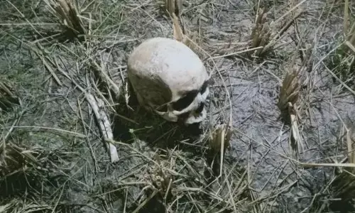 धान के खेत में मिला मानव कंकाल