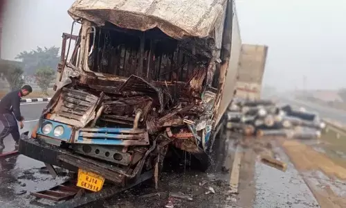 दो ट्रकों की टक्कर के बाद लगी आग, चालक और खलासी जिंदा जले, हुई मौत दो ट्रकों की टक्कर के बाद लगी आग, चालक और खलासी जिंदा जले, हुई मौत