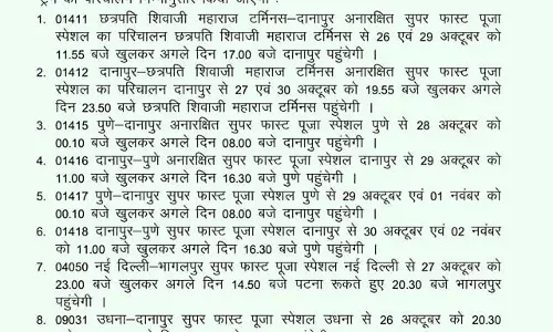 छठ महापर्व पर चलेंगी 14 पूजा स्पेशल ट्रेन, देखिए पूरी सूची छठ महापर्व पर चलेंगी 14 पूजा स्पेशल ट्रेन, देखिए पूरी सूची