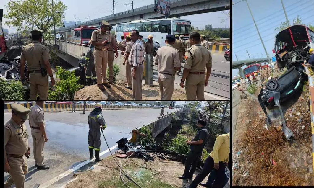 नोएडा में रोडवेज बस से टकराकर मर्सिडीज कार बस के नीचे फंसी, कार फंसी देख यातायात रुका