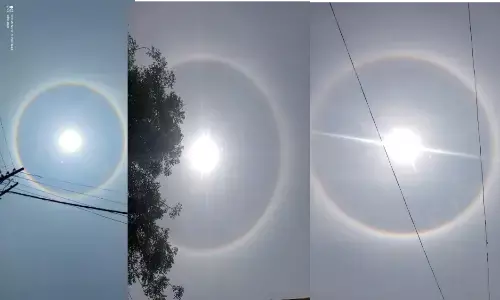 प्रयागराज में दिखा आसमान में बना हेलो इफेक्ट, सूरज के चारों ओर दिखा इंद्रधनुषी गाेला