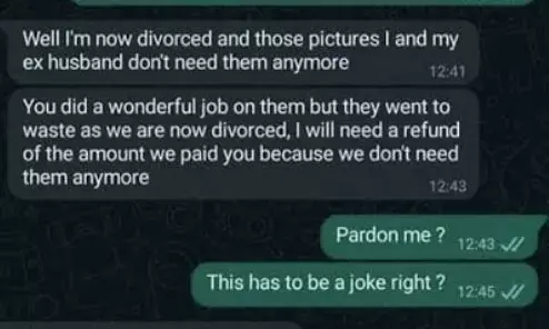 तलाक के बाद महिला ने वेडिंग फोटोग्राफर से मांगा रिफंड, ट्विटर पर चैट वायरल तलाक के बाद महिला ने वेडिंग फोटोग्राफर से मांगा रिफंड, ट्विटर पर चैट वायरल