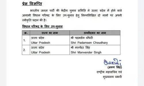 बीजेपी ने यूपी विधान परिषद के दो उम्मीदवार घोषित किये