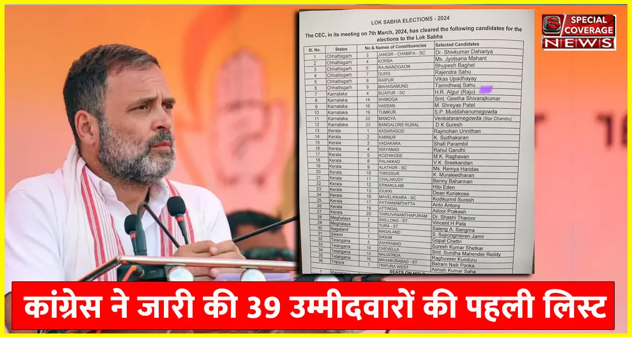 Lok Sabha elections Congres List : कांग्रेस ने जारी की 39 उम्मीदवारों की पहली सूची, राहुल गांधी वायनाड से लड़ेंगे चुनाव