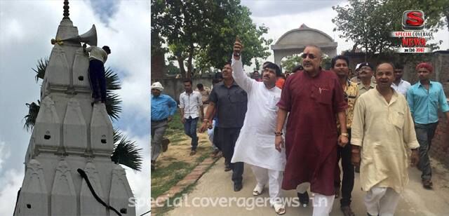 दो समुदाय के बबाल में मंत्री ने पहुंचकर मन्दिर पर माइक बंधवाए