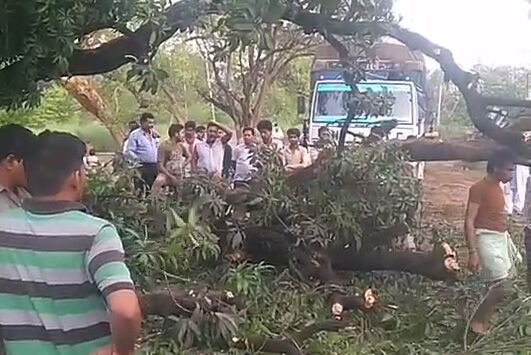 आजमगढ़ सुल्तानपुर नेशनल हाईवे पर पेड़ गिरने से 12 घंटे से जाम