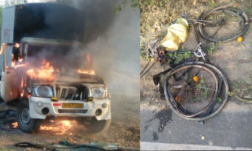 पिकअप ने साइकिल सवार को रौंदा,मौत से आक्रोशित लोगों ने वाहन में लगाई आग, हंगामा पिकअप ने साइकिल सवार को रौंदा,मौत से आक्रोशित लोगों ने वाहन में लगाई आग, हंगामा