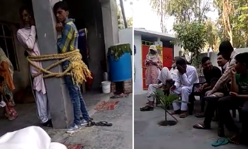 रूठी पत्नी को मनाने गए पति और मामा की बांधकर पिटाई, वीडियो वायरल रूठी पत्नी को मनाने गए पति और मामा की बांधकर पिटाई, वीडियो वायरल