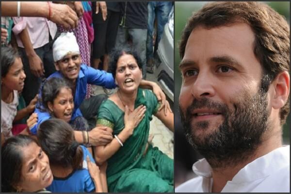 राहुल गांधी का गाजियाबाद में विरोध, गाड़ी के आगे लेटी महिला