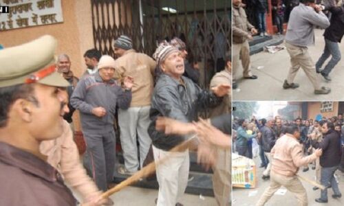 मुरादाबाद: बैंक के बाहर स्थानीय लोगों और पुलिस के बीच झड़प