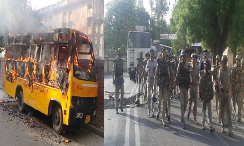 इलाहाबाद में छात्रों का जमकर हंगामा, तोड़फोड़ कर बस में लगाई आग, भारी सुरक्षाबल तैनात